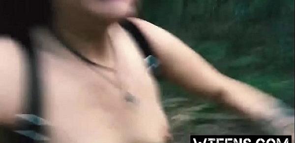  Scared brunette teen running topless fell in the arms of abusive guy